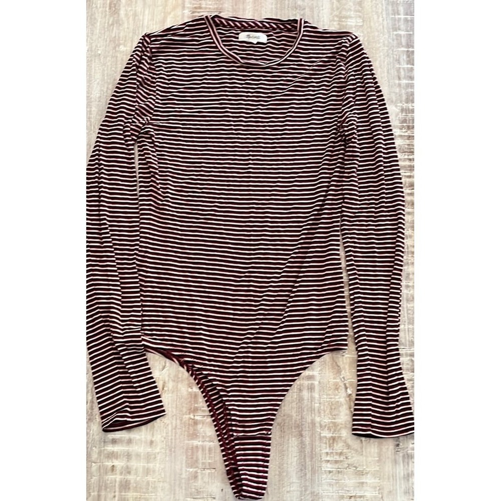Madewell Stripe Crewneck Thong Bodysuit In Dusty Burgundy Sz. L